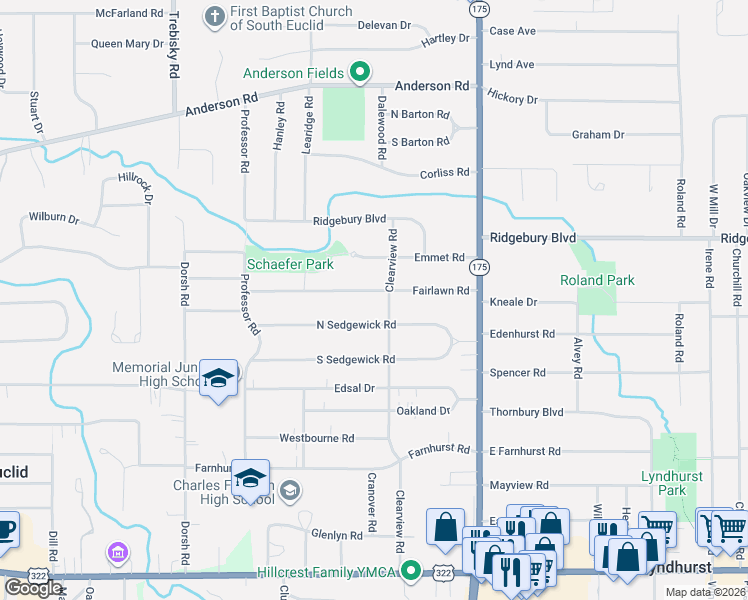 map of restaurants, bars, coffee shops, grocery stores, and more near 4967 Fairlawn Road in Lyndhurst
