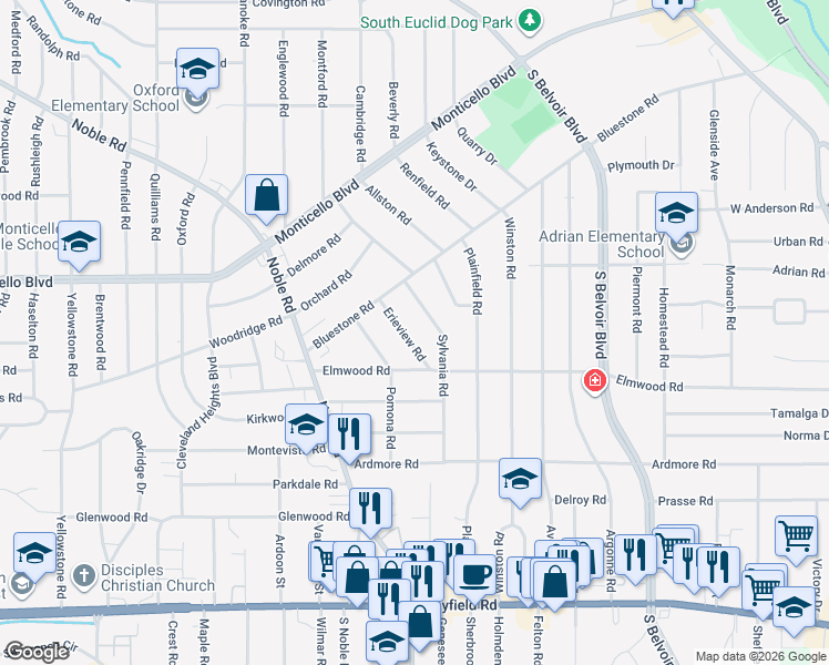 map of restaurants, bars, coffee shops, grocery stores, and more near 1143 Erieview Road in Cleveland Heights