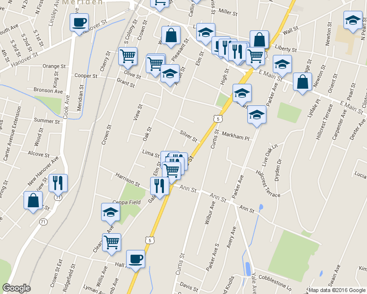 map of restaurants, bars, coffee shops, grocery stores, and more near 57 Woodley Court in Meriden