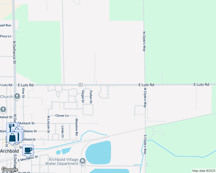 map of restaurants, bars, coffee shops, grocery stores, and more near 705 East Lutz Road in Archbold