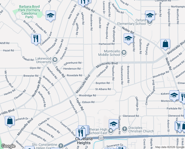map of restaurants, bars, coffee shops, grocery stores, and more near 3483 Monticello Boulevard in Cleveland Heights