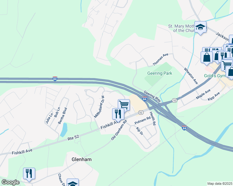 map of restaurants, bars, coffee shops, grocery stores, and more near 10(N Millholland Drive in Fishkill