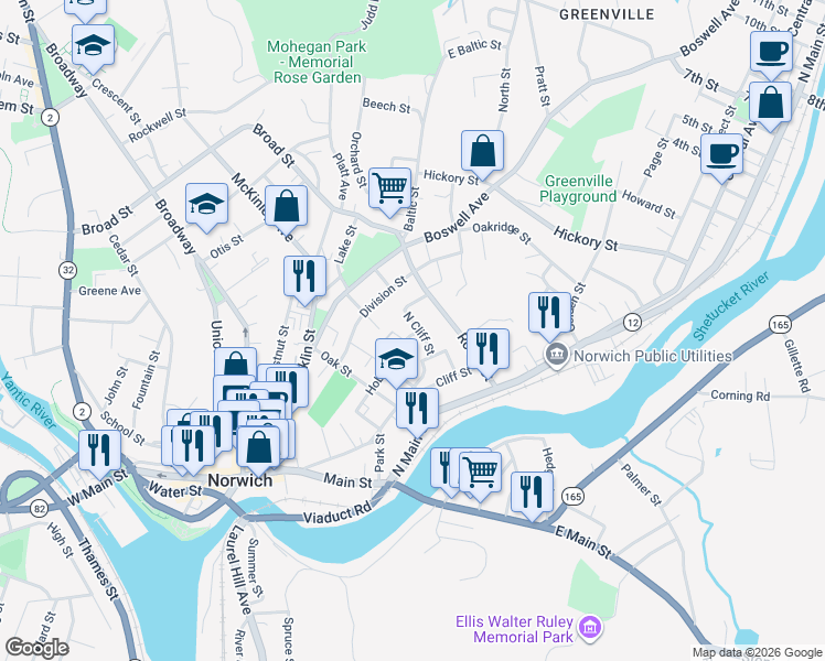 map of restaurants, bars, coffee shops, grocery stores, and more near 70 North Cliff Street in Norwich