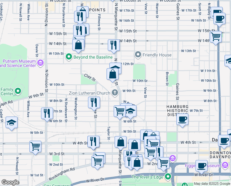 map of restaurants, bars, coffee shops, grocery stores, and more near 834 North Marquette Street in Davenport