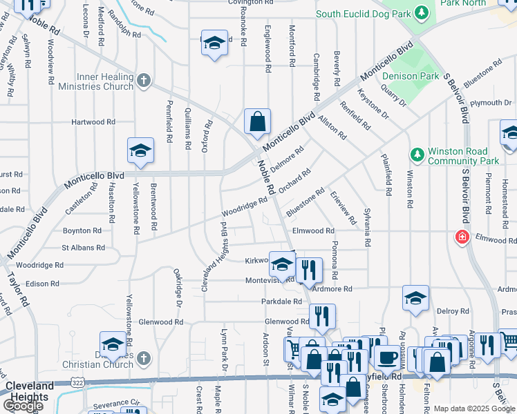 map of restaurants, bars, coffee shops, grocery stores, and more near 3840 Woodridge Road in Cleveland