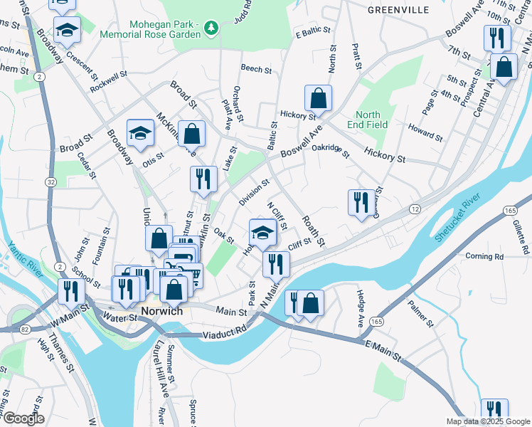 map of restaurants, bars, coffee shops, grocery stores, and more near 70 North Cliff Street in Norwich