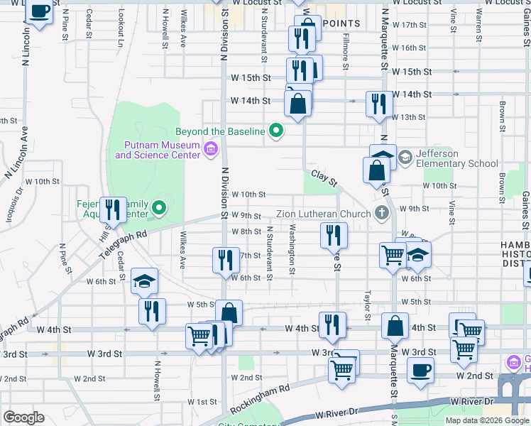 map of restaurants, bars, coffee shops, grocery stores, and more near 1525 West 10th Street in Davenport