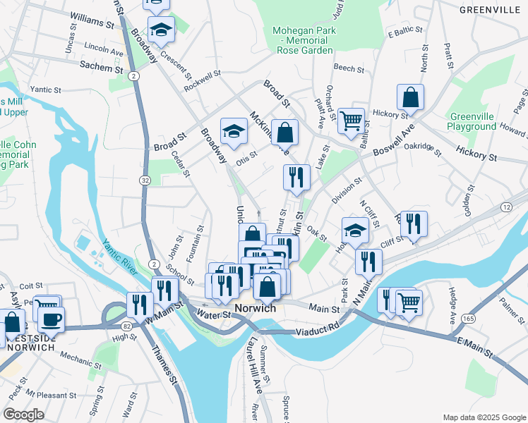 map of restaurants, bars, coffee shops, grocery stores, and more near 167 Broadway in Norwich