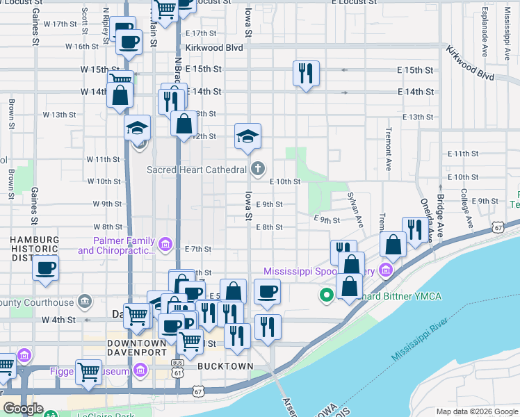map of restaurants, bars, coffee shops, grocery stores, and more near 413 East 9th Street in Davenport