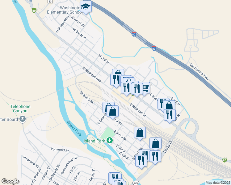map of restaurants, bars, coffee shops, grocery stores, and more near 48 West Railroad Street in Green River