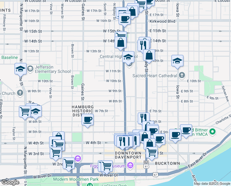 map of restaurants, bars, coffee shops, grocery stores, and more near 827 North Ripley Street in Davenport