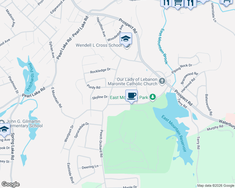 map of restaurants, bars, coffee shops, grocery stores, and more near 38 Oakridge Road in Waterbury