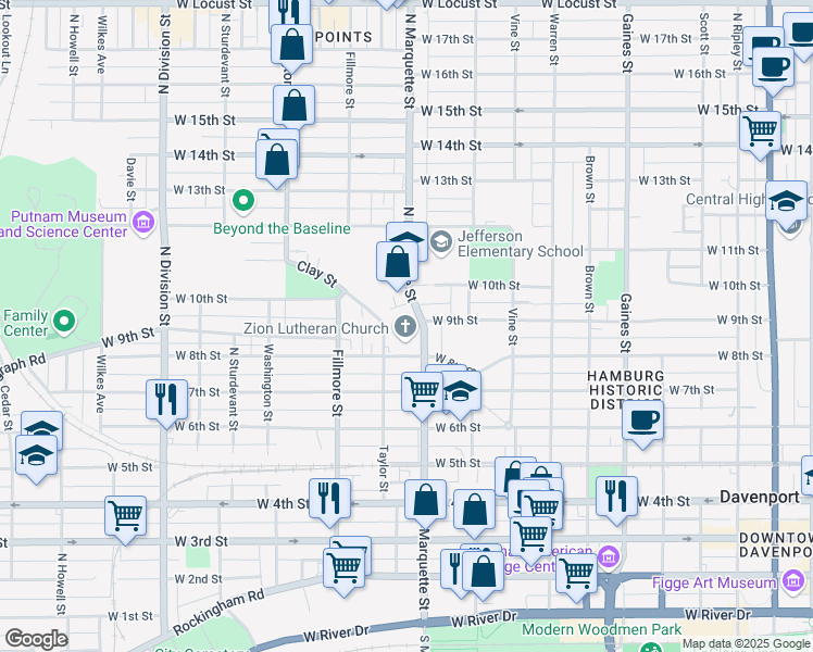 map of restaurants, bars, coffee shops, grocery stores, and more near 834 North Marquette Street in Davenport