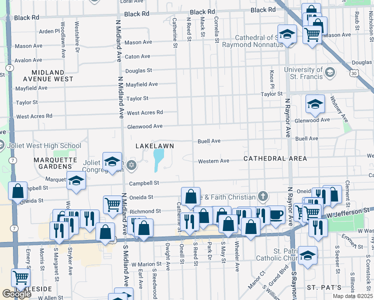 map of restaurants, bars, coffee shops, grocery stores, and more near 1156 Buell Avenue in Joliet