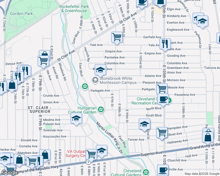 map of restaurants, bars, coffee shops, grocery stores, and more near 9202 Pierpont Avenue in Cleveland