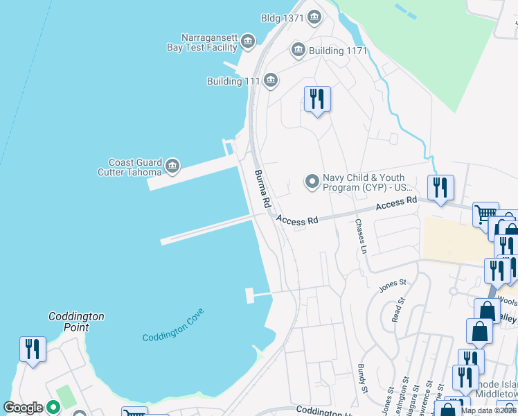 map of restaurants, bars, coffee shops, grocery stores, and more near 690 Peary Street in Newport