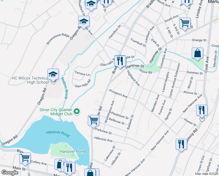 map of restaurants, bars, coffee shops, grocery stores, and more near 22 Prospect Terrace in Meriden