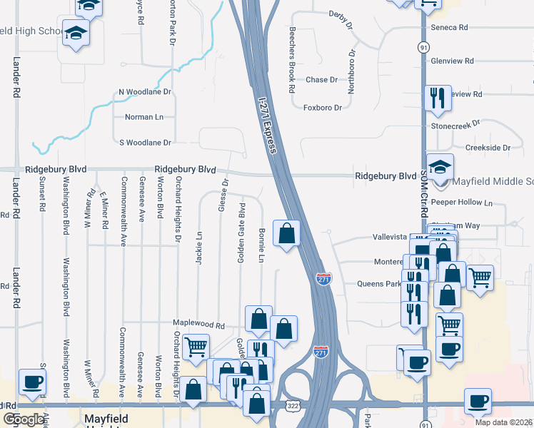 map of restaurants, bars, coffee shops, grocery stores, and more near 1180 Bonnie Lane in Mayfield Heights