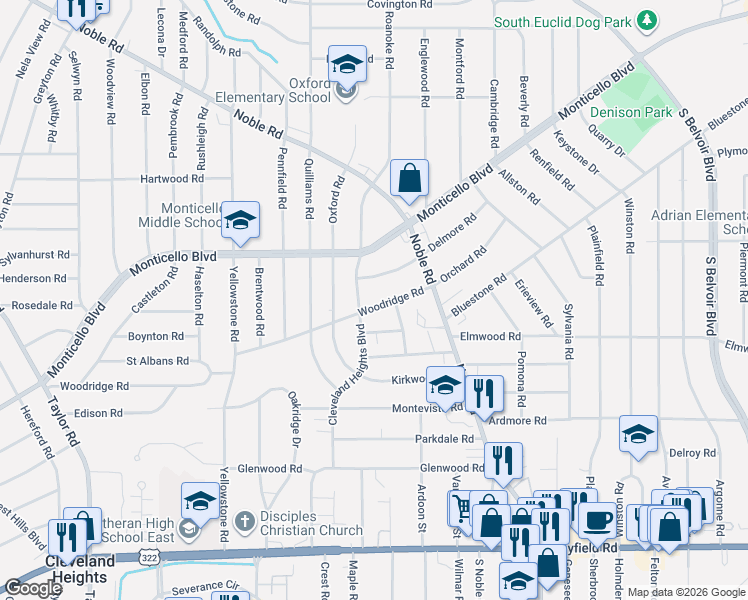 map of restaurants, bars, coffee shops, grocery stores, and more near 3819 Woodridge Road in Cleveland Heights