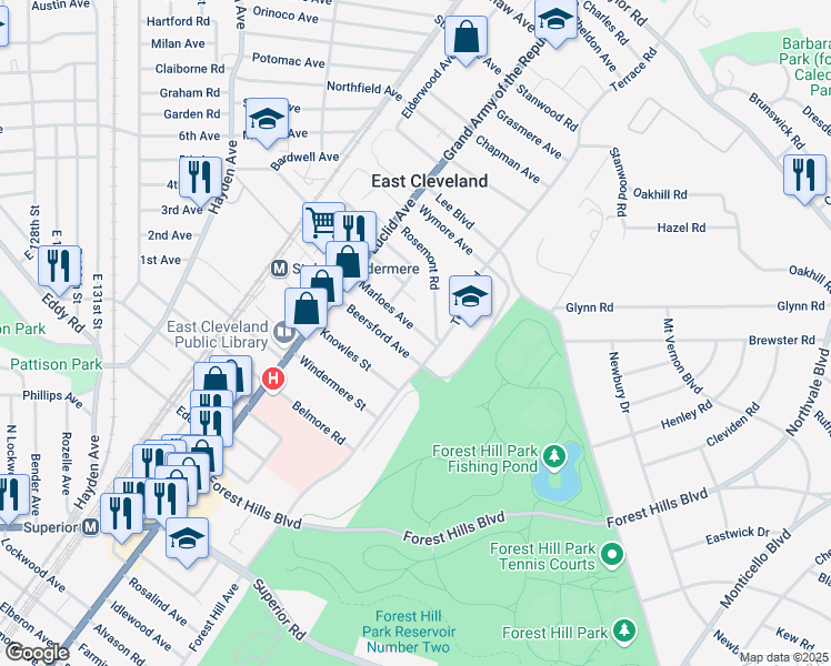 map of restaurants, bars, coffee shops, grocery stores, and more near 1922 Rosemont Road in East Cleveland