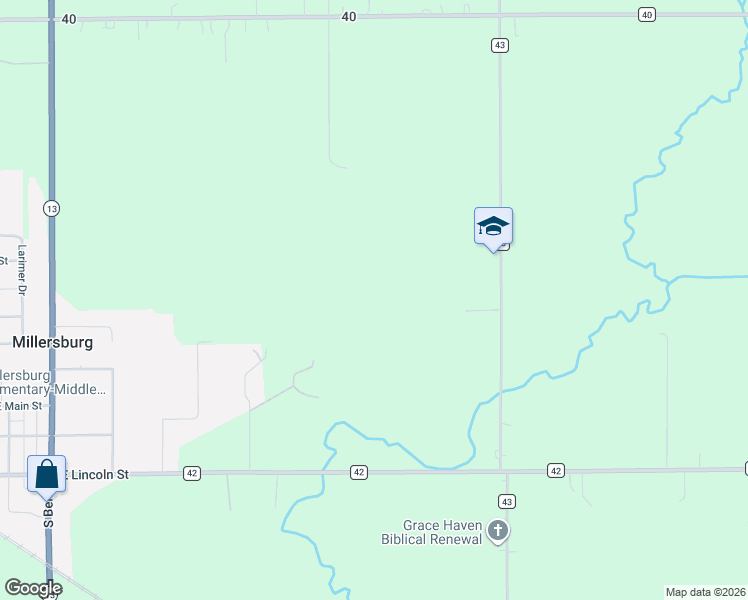 map of restaurants, bars, coffee shops, grocery stores, and more near 66565 County Road 43 in Millersburg