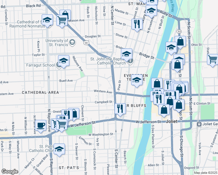 map of restaurants, bars, coffee shops, grocery stores, and more near 413 Buell Avenue in Joliet