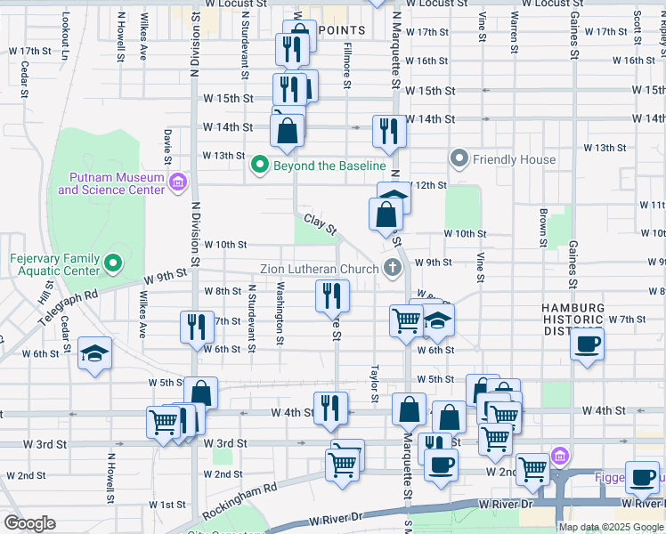 map of restaurants, bars, coffee shops, grocery stores, and more near 923 Fillmore Street in Davenport
