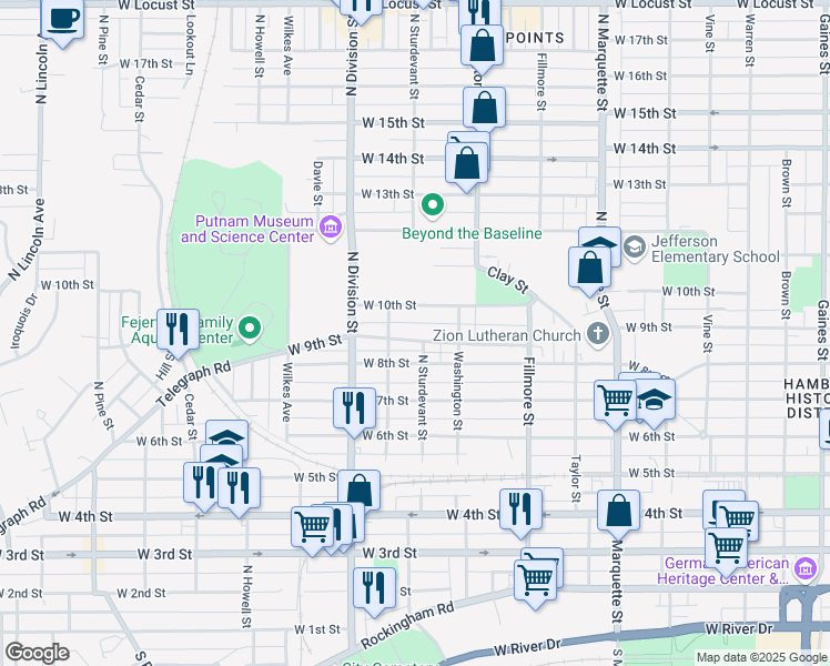 map of restaurants, bars, coffee shops, grocery stores, and more near 1525 West 10th Street in Davenport