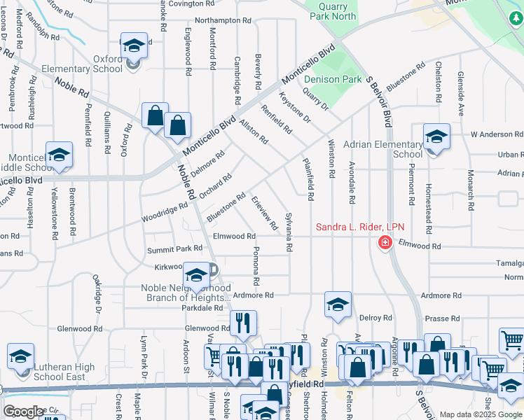 map of restaurants, bars, coffee shops, grocery stores, and more near Erieview Road in Cleveland Heights
