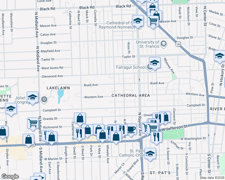 map of restaurants, bars, coffee shops, grocery stores, and more near 307 North William Street in Joliet