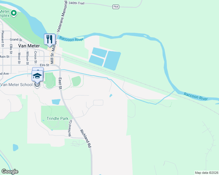 map of restaurants, bars, coffee shops, grocery stores, and more near 3512 Richland Road in Van Meter