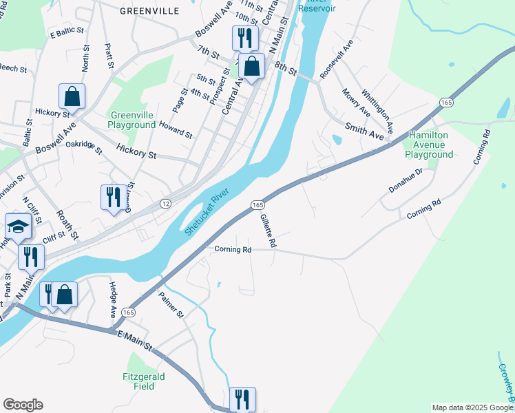 map of restaurants, bars, coffee shops, grocery stores, and more near 1 Gillette Road in Norwich