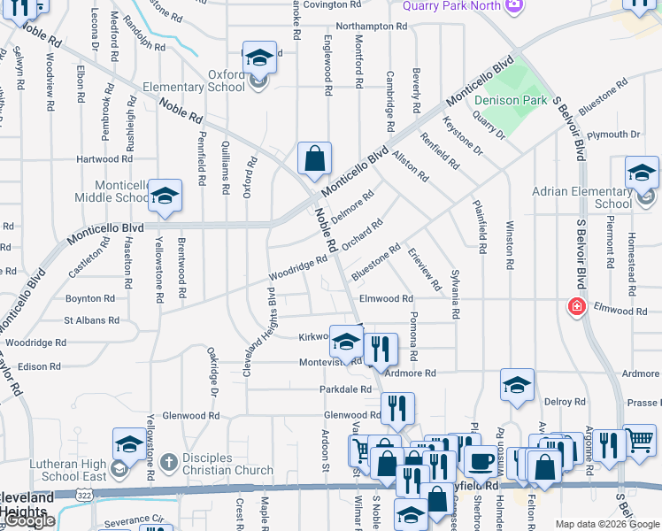 map of restaurants, bars, coffee shops, grocery stores, and more near 2676 Noble Road in Cleveland Heights