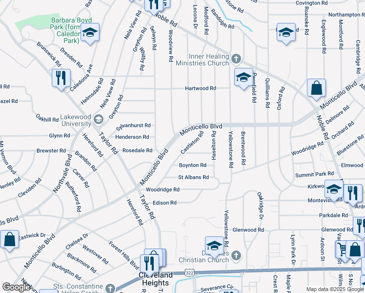 map of restaurants, bars, coffee shops, grocery stores, and more near 1138 Castleton Road in Cleveland Heights