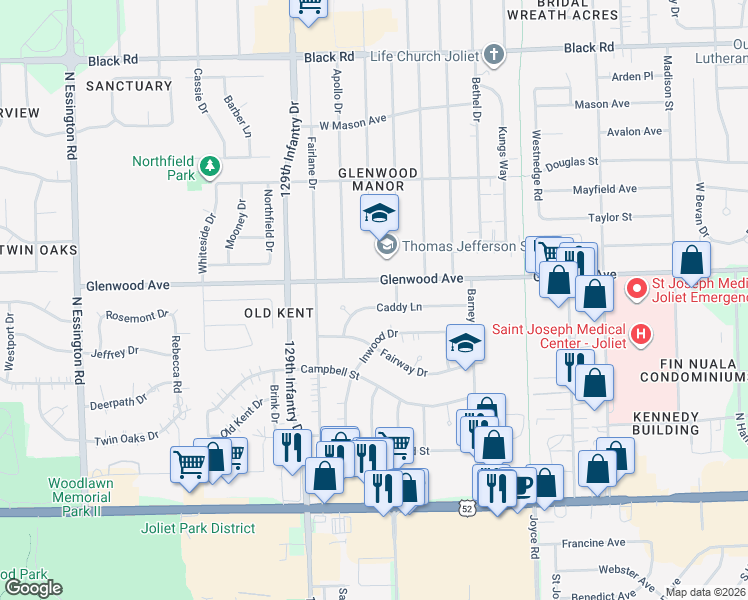 map of restaurants, bars, coffee shops, grocery stores, and more near 2615 Caddy Lane in Joliet