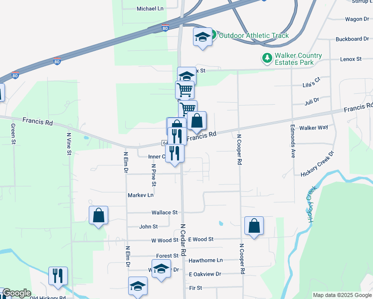 map of restaurants, bars, coffee shops, grocery stores, and more near 1266 North Cedar Road in New Lenox