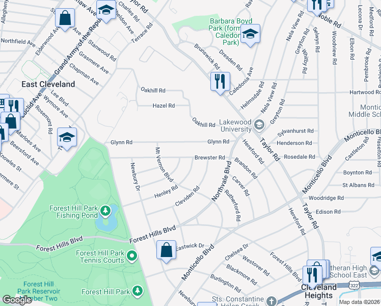 map of restaurants, bars, coffee shops, grocery stores, and more near 16117 Brewster Road in East Cleveland