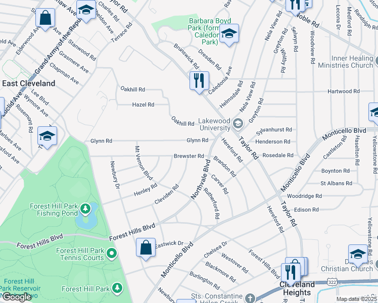 map of restaurants, bars, coffee shops, grocery stores, and more near 16287 Brewster Road in Cleveland Heights