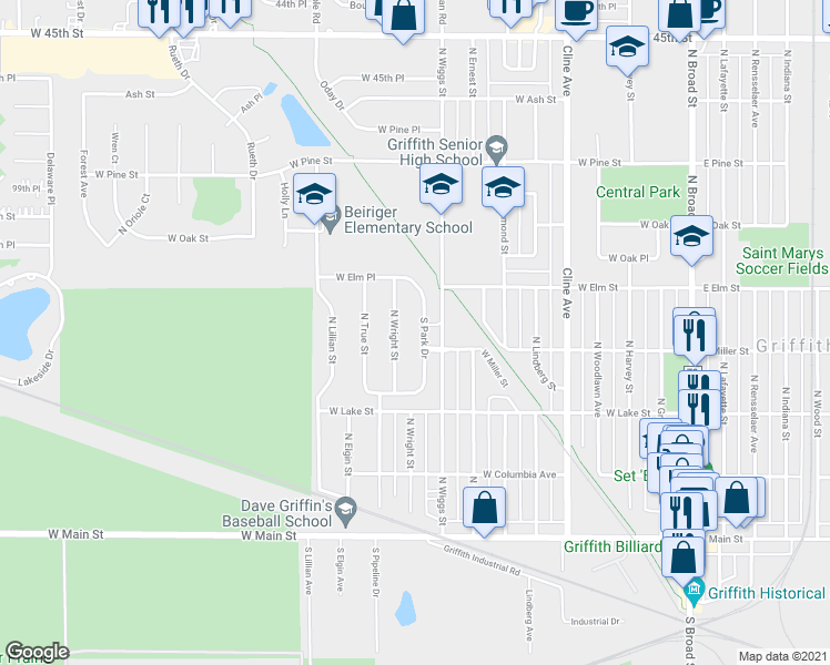 map of restaurants, bars, coffee shops, grocery stores, and more near 414 North South Park Drive in Griffith