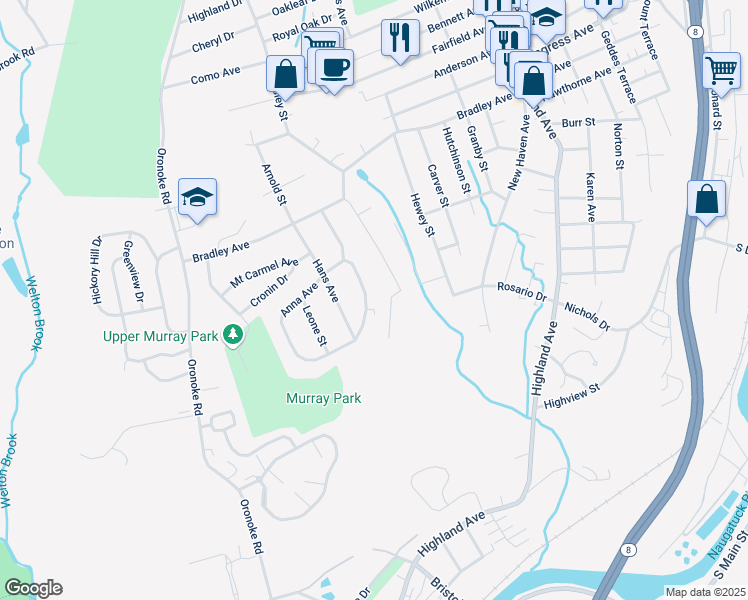 map of restaurants, bars, coffee shops, grocery stores, and more near 120 Lucille Street in Waterbury