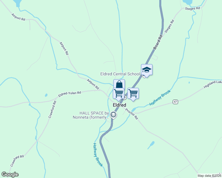 map of restaurants, bars, coffee shops, grocery stores, and more near 7 Clark Rd in Eldred