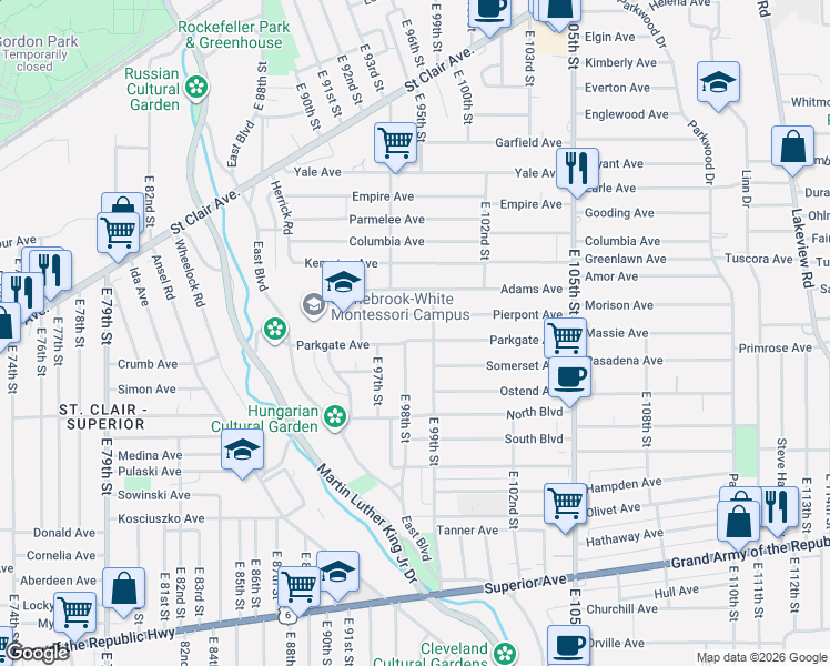 map of restaurants, bars, coffee shops, grocery stores, and more near 9806 Pierpont Avenue in Cleveland
