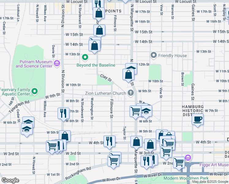 map of restaurants, bars, coffee shops, grocery stores, and more near 915 Fillmore Street in Davenport