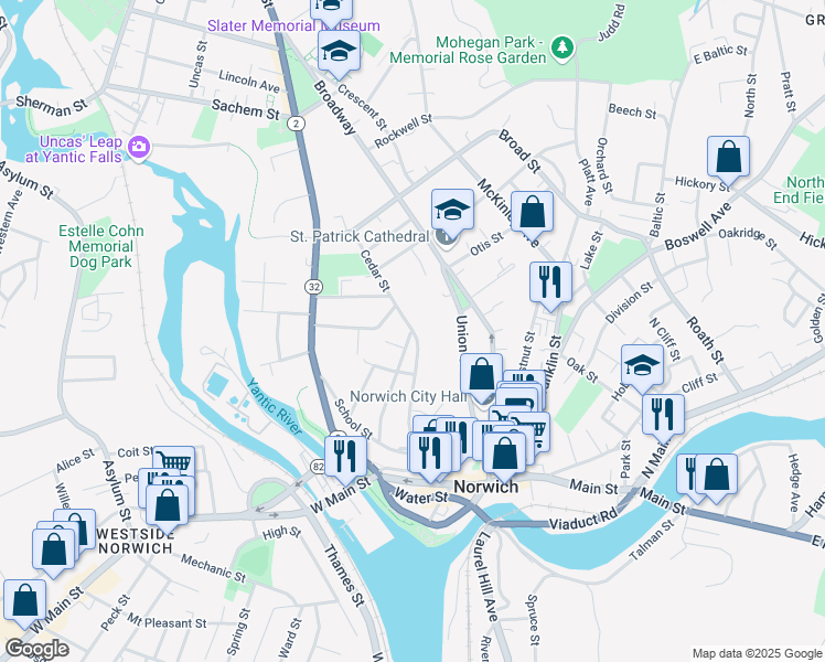 map of restaurants, bars, coffee shops, grocery stores, and more near 99 Fountain Street in Norwich