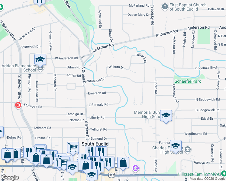 map of restaurants, bars, coffee shops, grocery stores, and more near 4557 Emerson Road in South Euclid