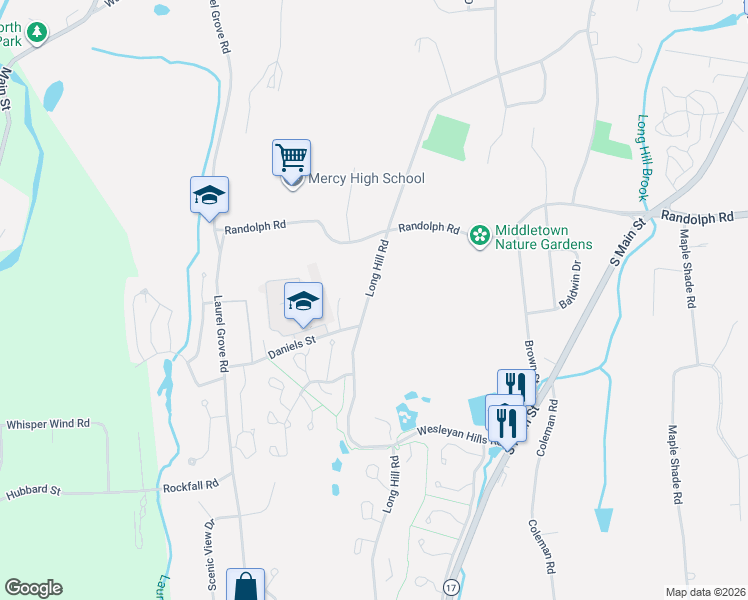 map of restaurants, bars, coffee shops, grocery stores, and more near 481 Long Hill Road in Middletown