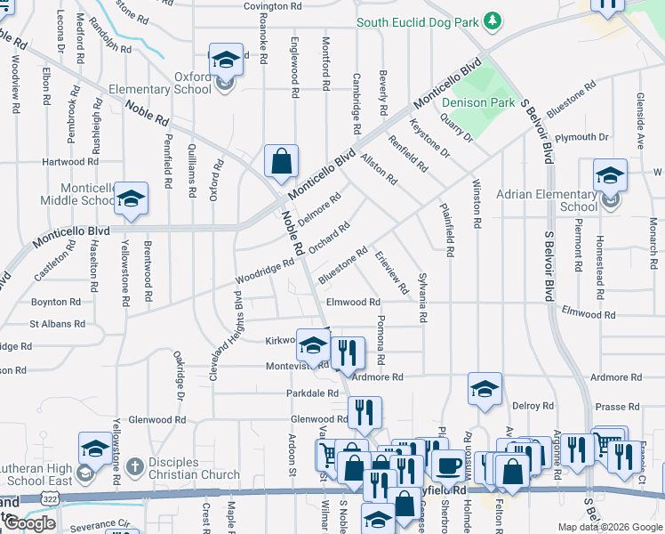 map of restaurants, bars, coffee shops, grocery stores, and more near 3912 Orchard Road in Cleveland Heights