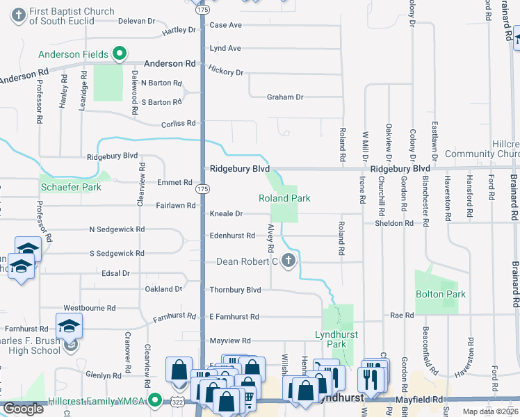 map of restaurants, bars, coffee shops, grocery stores, and more near 5165 Kneale Drive in Lyndhurst