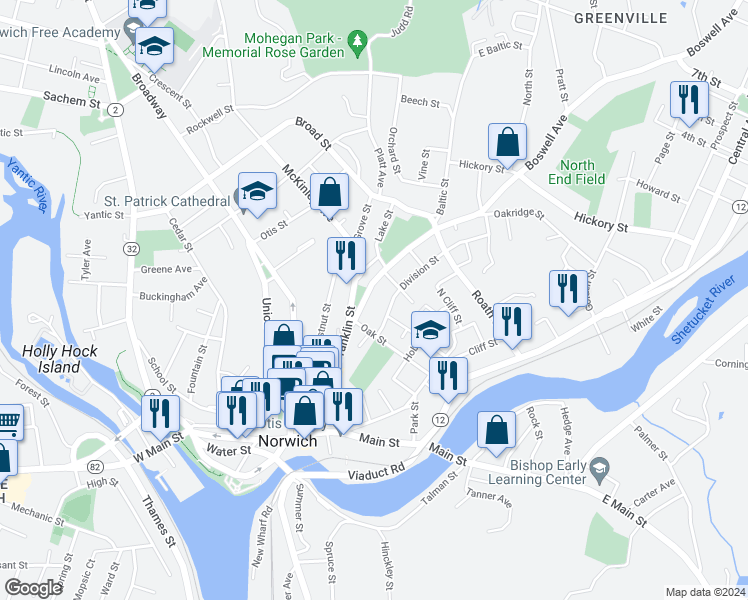 map of restaurants, bars, coffee shops, grocery stores, and more near 29 Boswell Avenue in Norwich