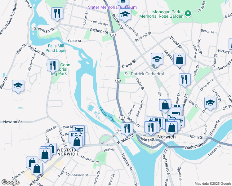 map of restaurants, bars, coffee shops, grocery stores, and more near 111 Washington Street in Norwich